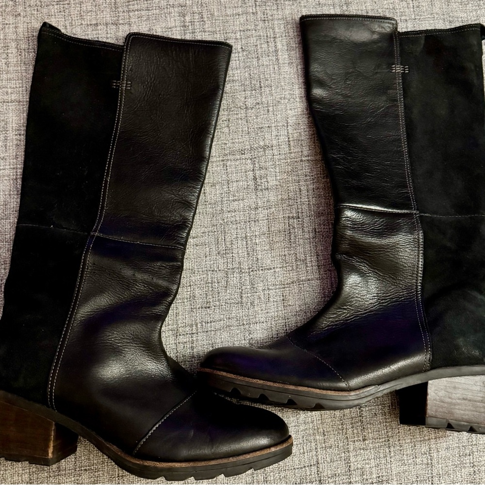 Sorel Tall Cate Black Leather Heeled Riding Boots